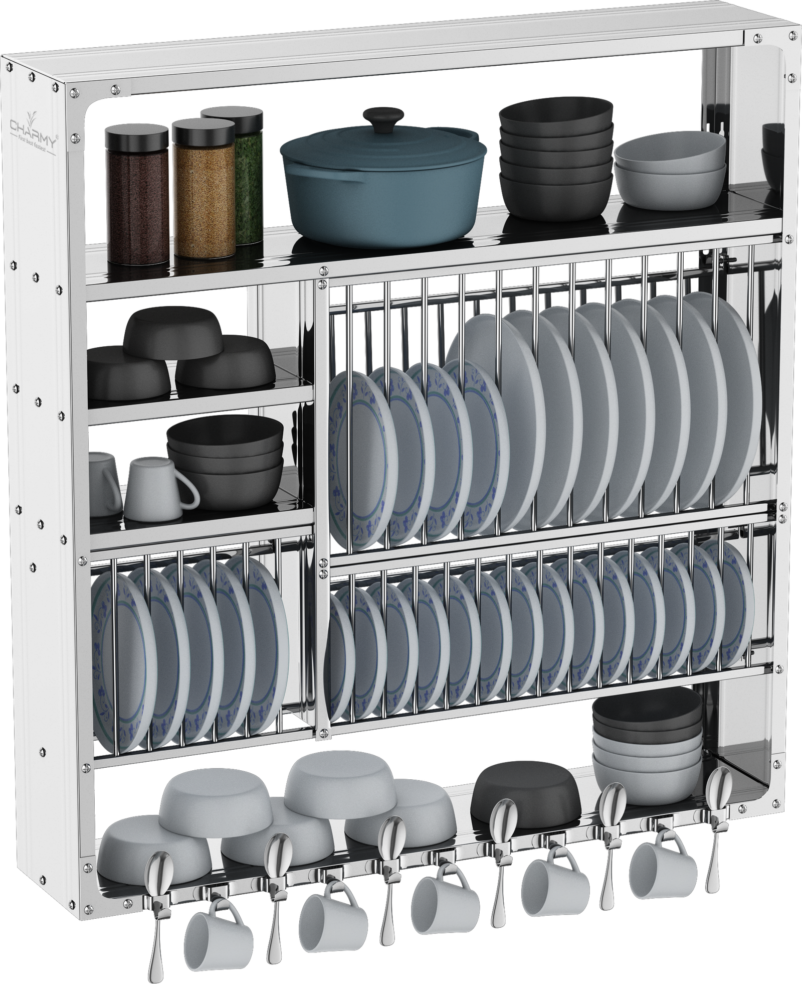 DLX-3836 Stainless Steel Wall-Mounted Dish Rack with Multi-Tier Storage & Cup Hooks
