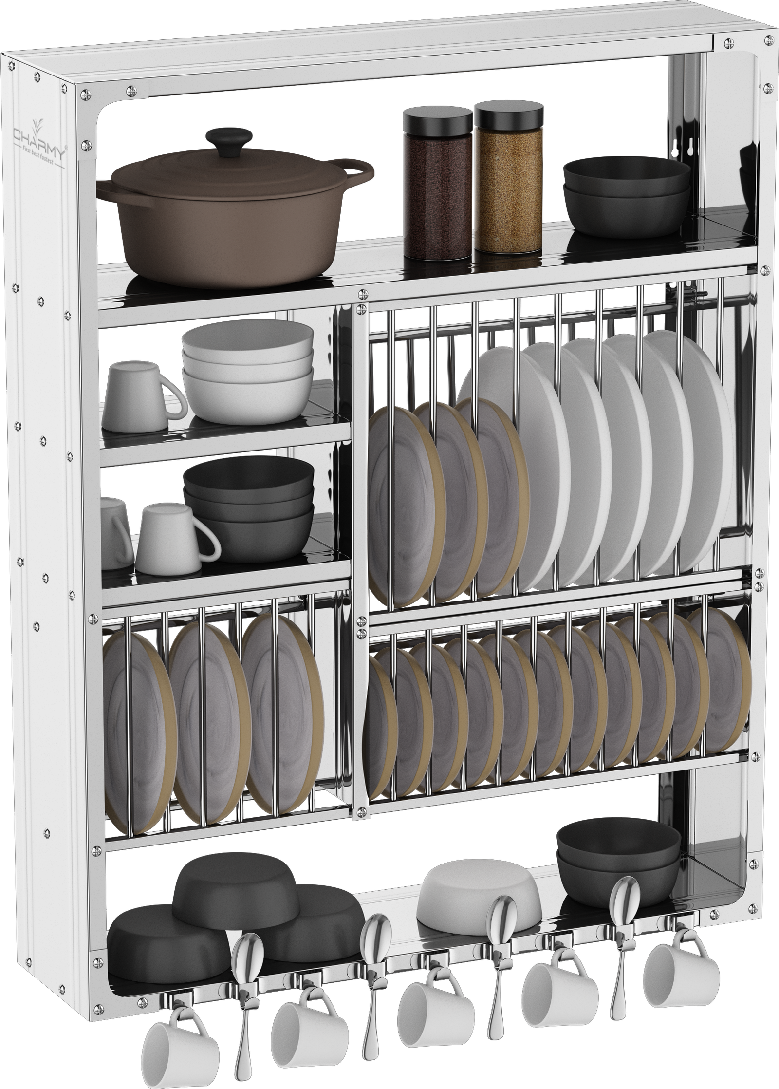 DLX-3830 Stainless Steel Wall-Mounted Dish Rack with Multi-Tier Storage & Cup Hooks