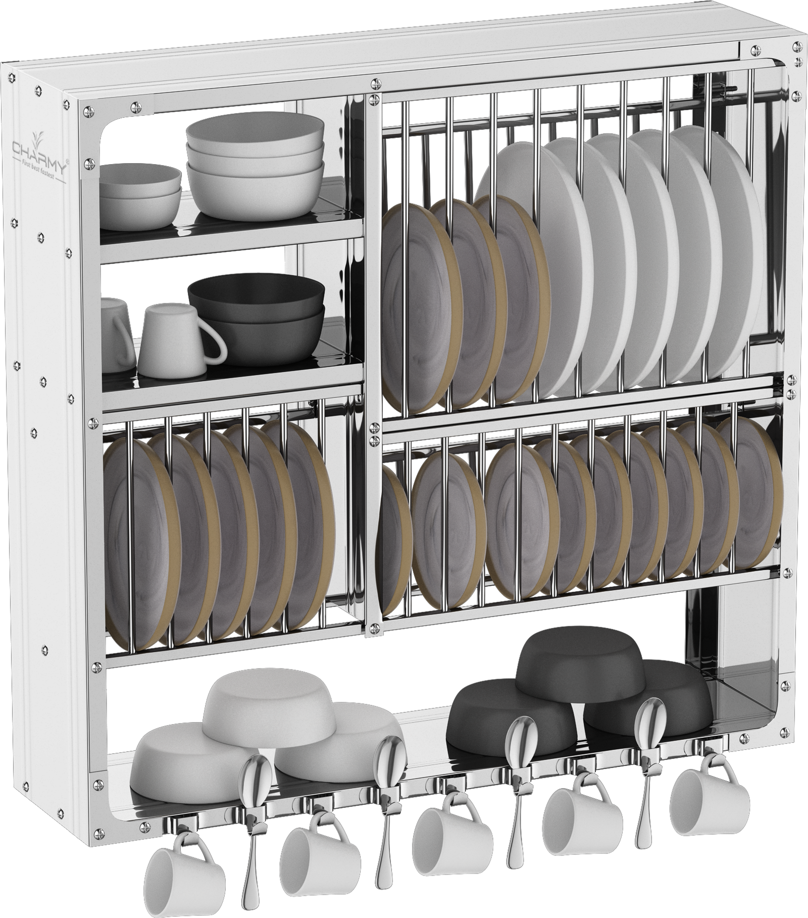 DLX-3030 Stainless Steel Wall-Mounted Dish Rack with Multi-Tier Storage & Cup Hooks