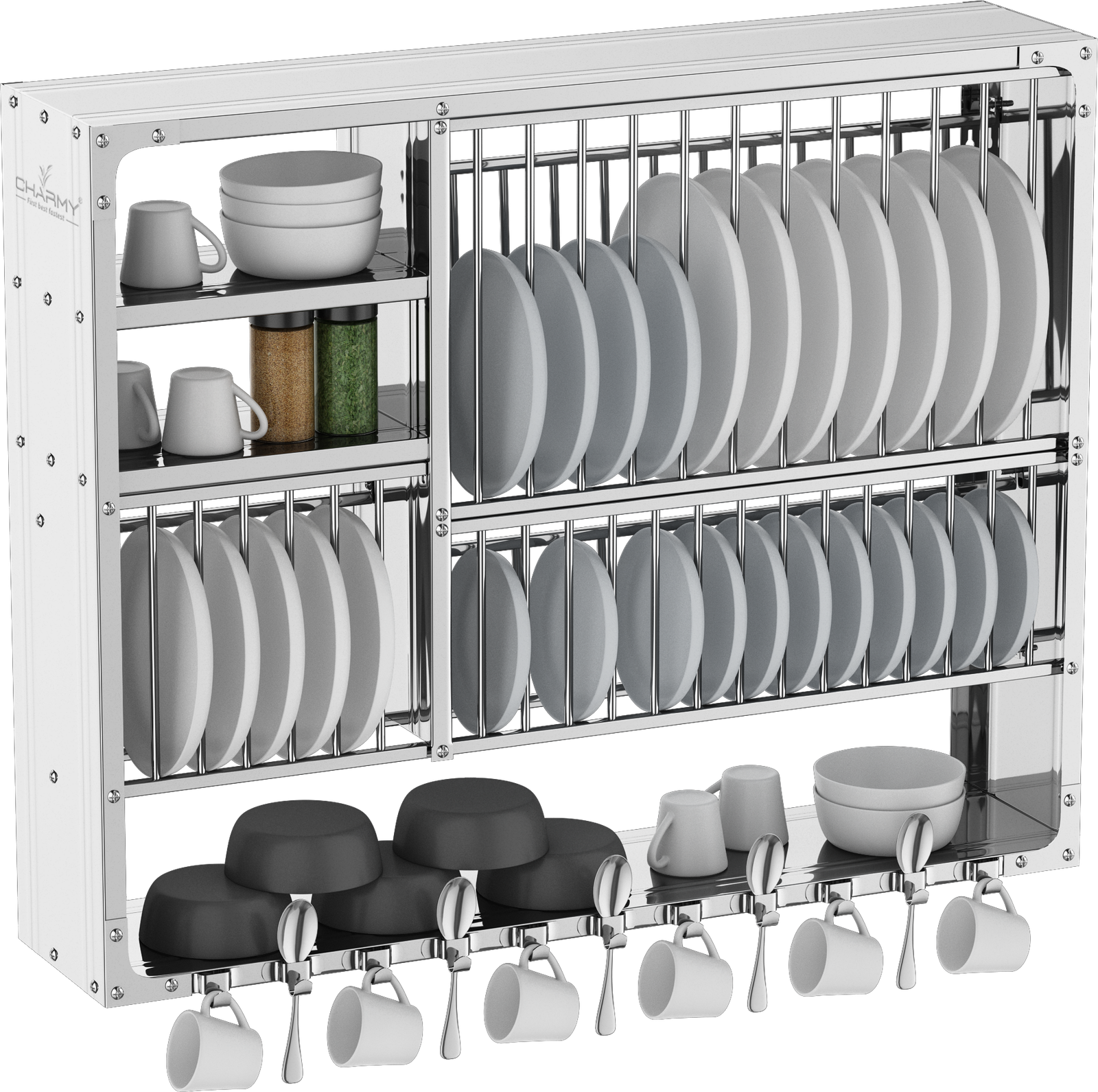 DLX-3036 Stainless Steel Wall-Mounted Dish Rack with Multi-Tier Storage & Cup Hooks