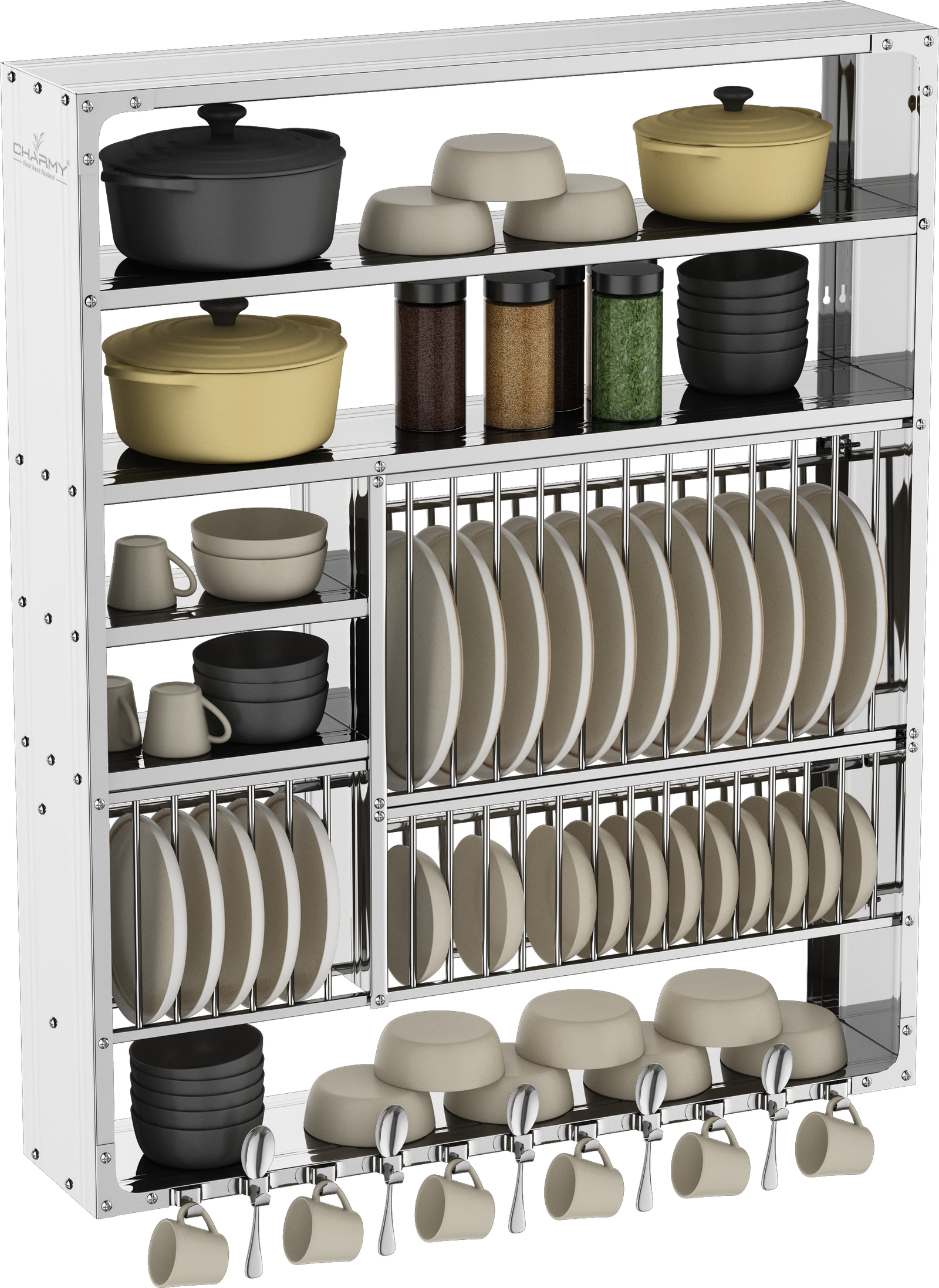 DLX-4836 Stainless Steel Wall-Mounted Dish Rack with Multi-Tier Storage & Cup Hooks
