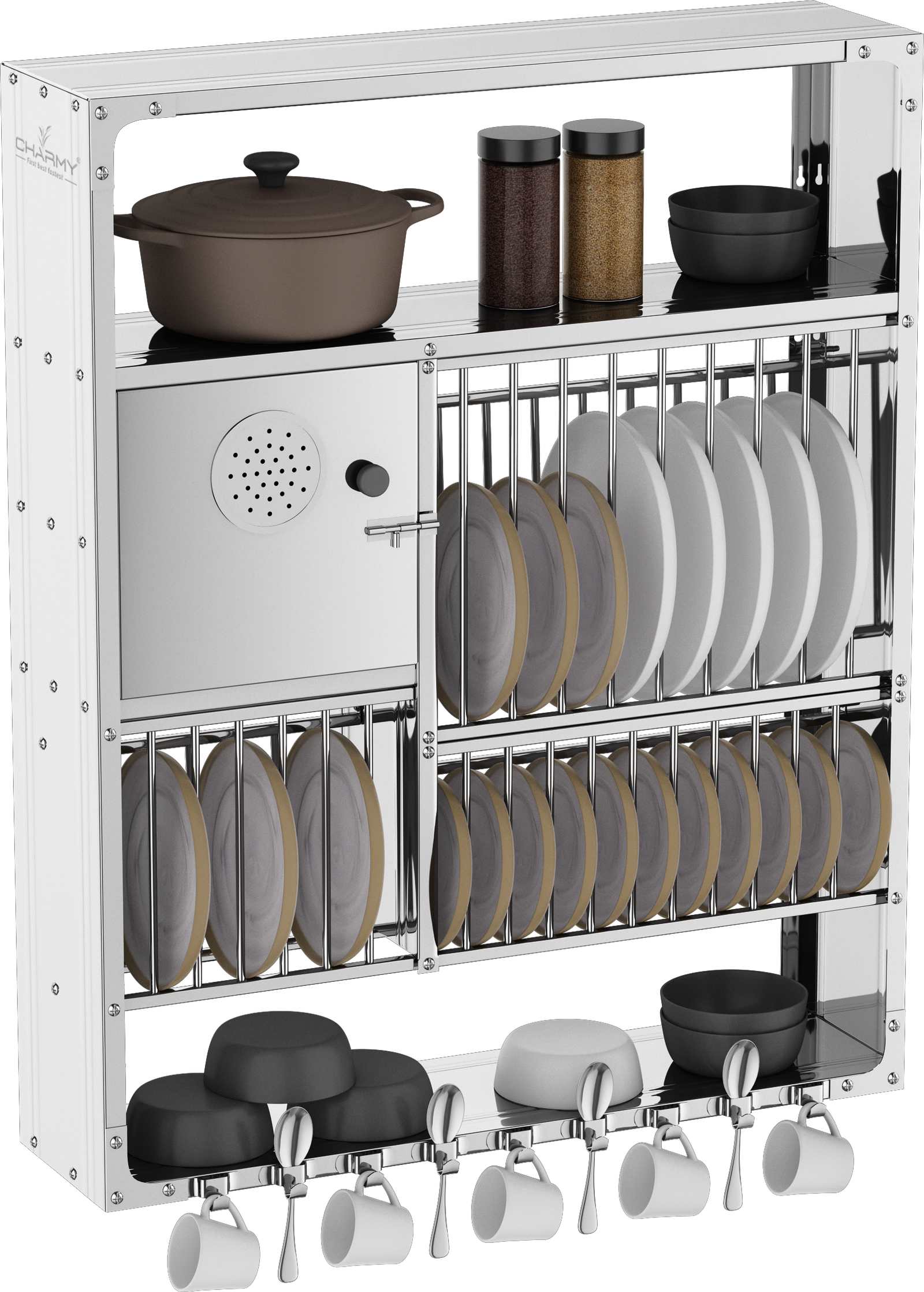 DDLX-3830 Stainless Steel Wall-Mounted Dish Rack with Multi-Tier Storage & Cup Hooks